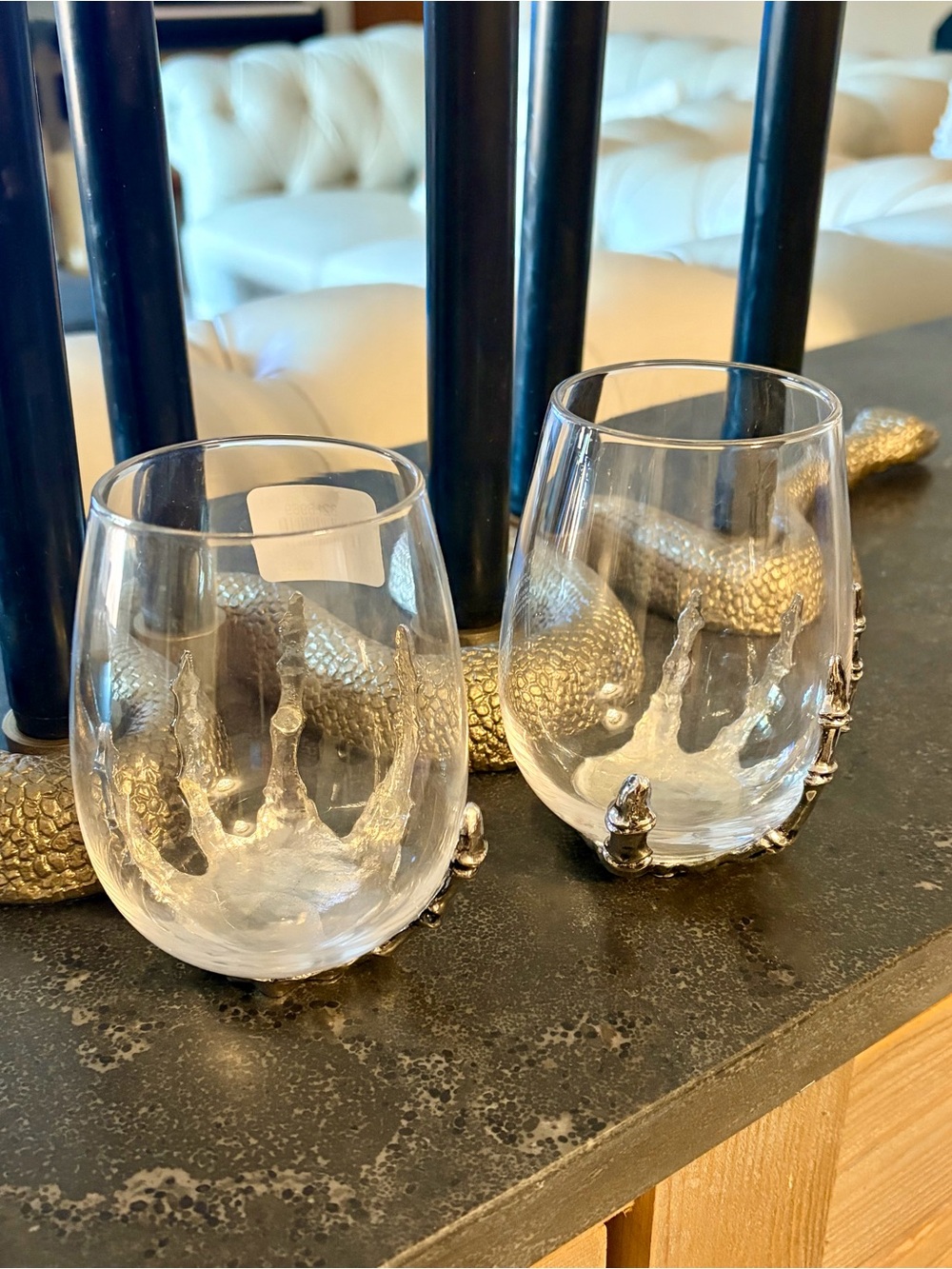 New Pottery Barn Clear Skeleton Stemless Silver Wine Glasses - Set of 2